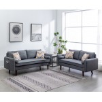 Lana Mid-Century Modern Gray Linen Sofa and Loveseat Living Room Set with USB Charging Ports & Pillows