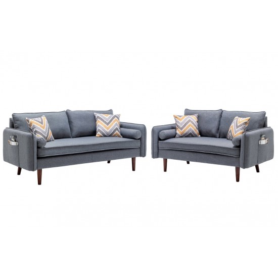 Lana Mid-Century Modern Gray Linen Sofa and Loveseat Living Room Set with USB Charging Ports & Pillows