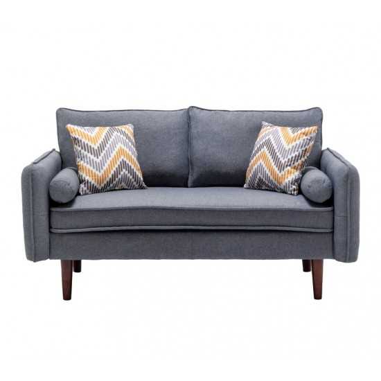 Lana Mid-Century Modern Gray Linen Sofa and Loveseat Living Room Set with USB Charging Ports & Pillows