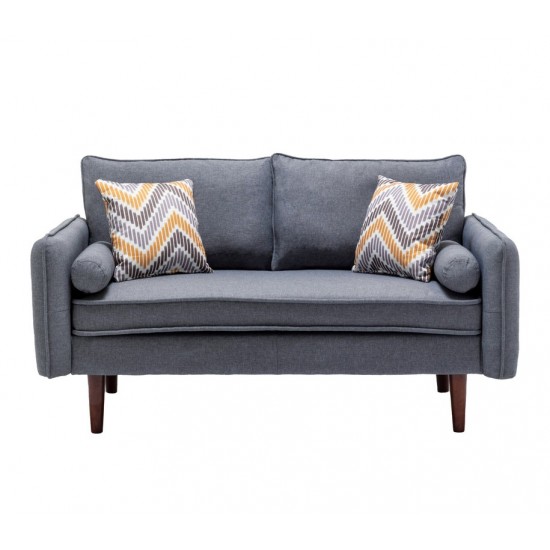 Lana Mid-Century Modern Gray Linen Loveseat Couch with USB Charging Ports & Pillows