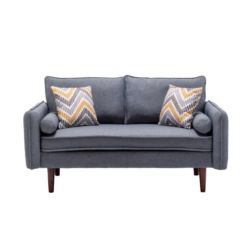 Lana Mid-Century Modern Gray Linen Loveseat Couch with USB Charging Ports & Pillows