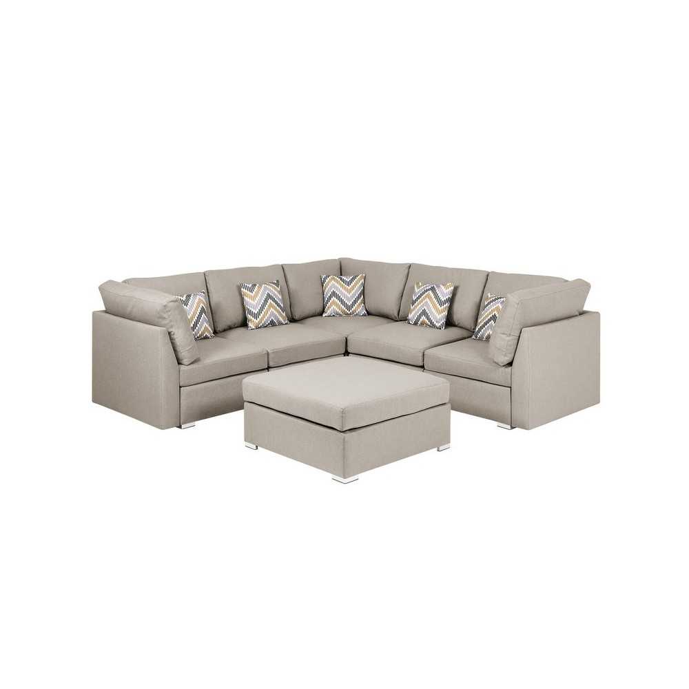 Amira Beige Fabric Reversible Sectional Sofa with Ottoman and Pillows