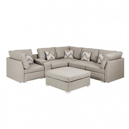 Amira Beige Fabric Reversible Sectional Sofa with USB Console and Ottoman