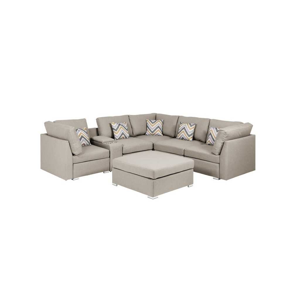 Amira Beige Fabric Reversible Sectional Sofa with USB Console and Ottoman