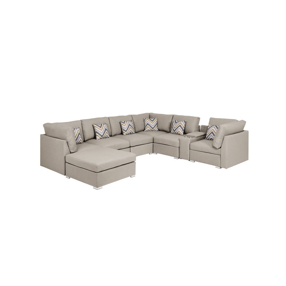 Amira Beige Fabric Reversible Modular Sectional Sofa with USB Console and Ottoman, 105.5x122.8