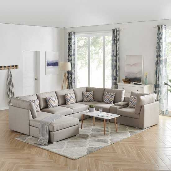 Amira Beige Fabric Reversible Modular Sectional Sofa with USB Console and Ottoman, 105.5x122.8