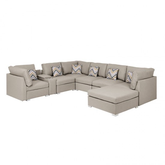 Amira Beige Fabric Reversible Modular Sectional Sofa with USB Console and Ottoman, 105.5x122.8