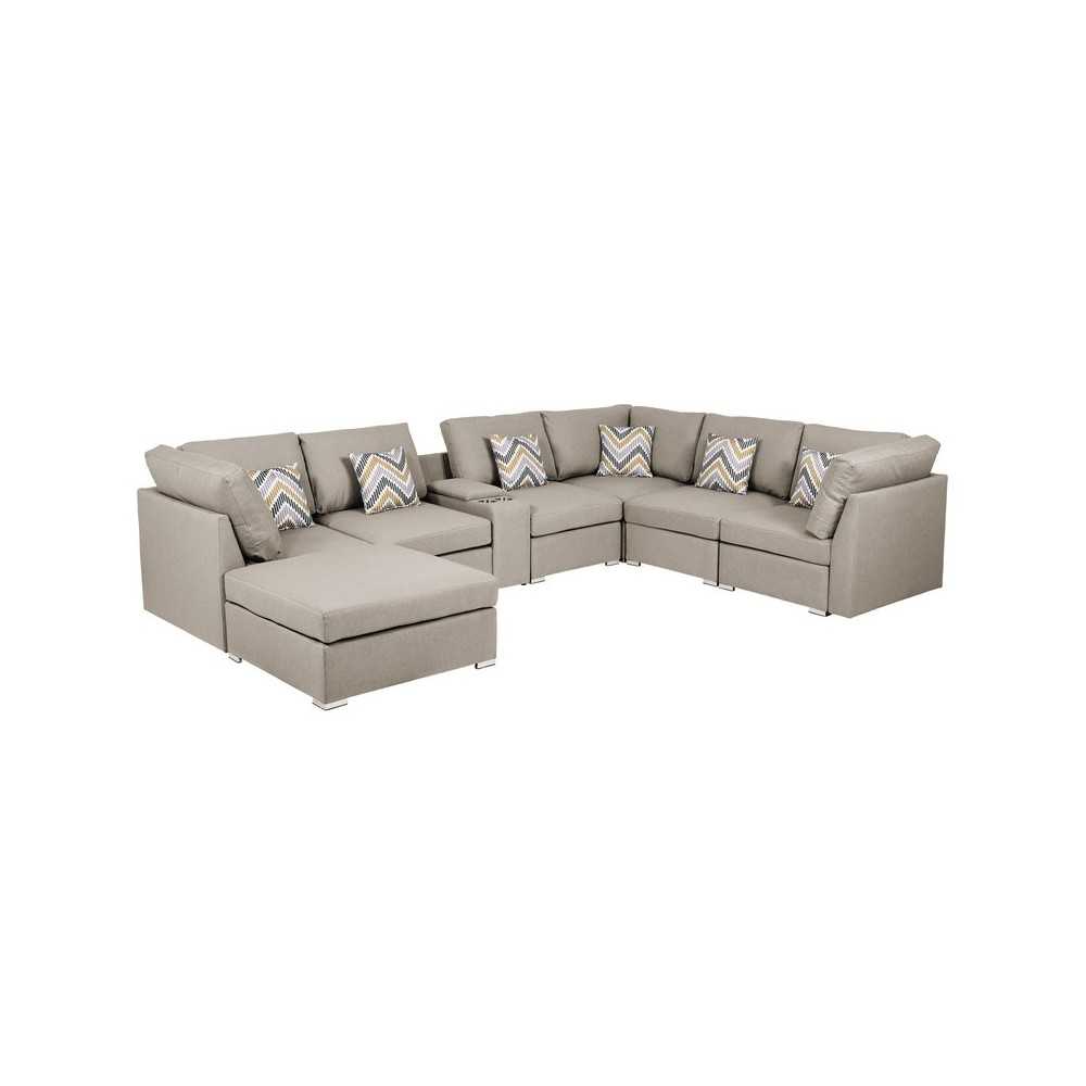 Amira Beige Fabric Reversible Modular Sectional Sofa with USB Console and Ottoman, 89820-6A