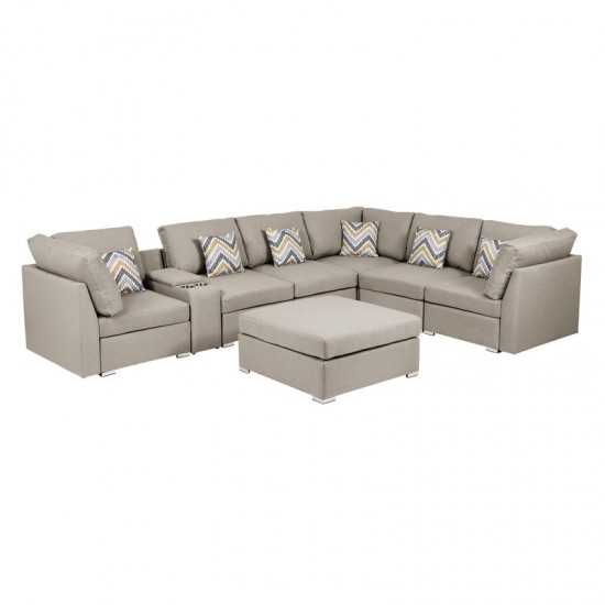 Amira Beige Fabric Reversible Modular Sectional Sofa with USB Console and Ottoman, 89820-6B