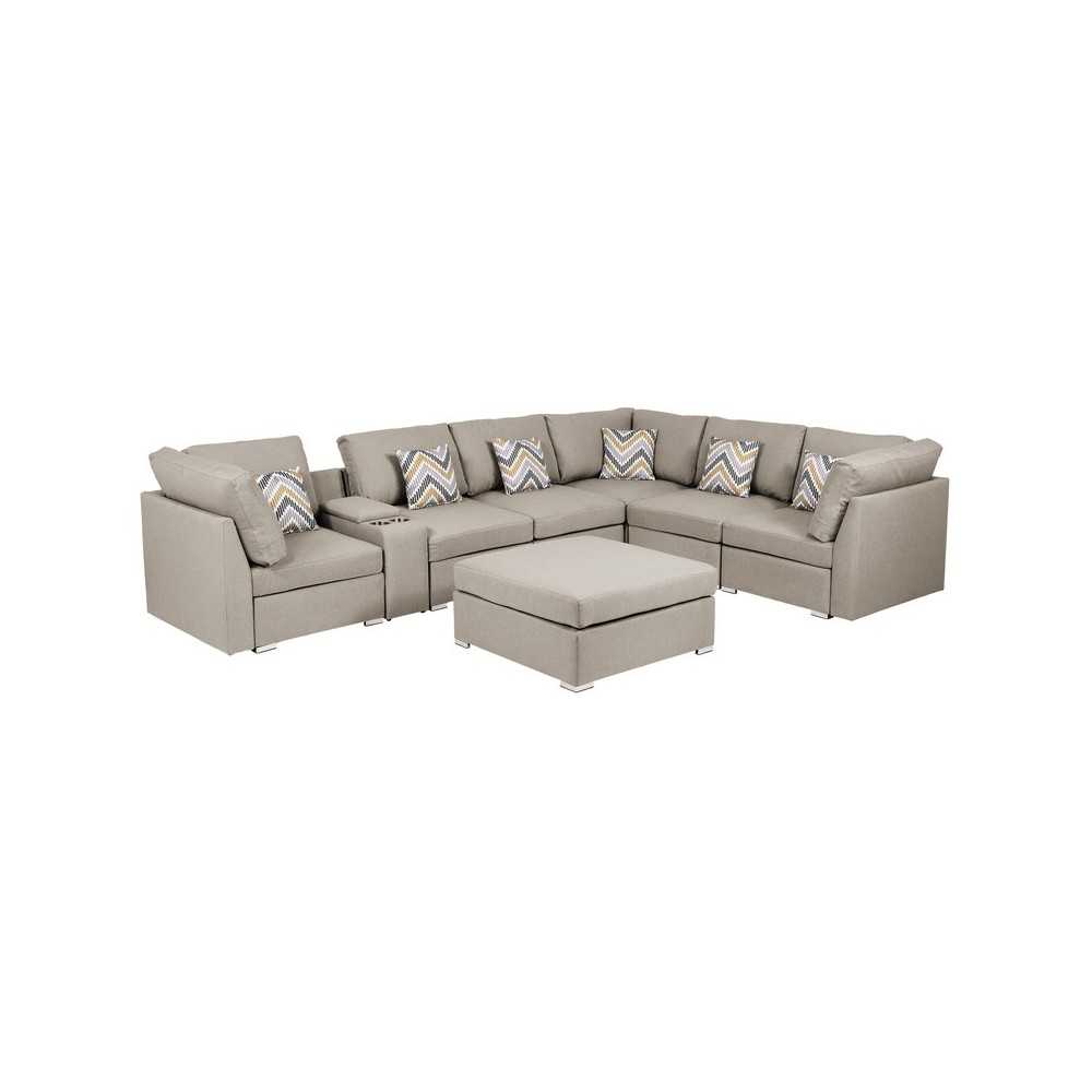 Amira Beige Fabric Reversible Modular Sectional Sofa with USB Console and Ottoman, 89820-6B