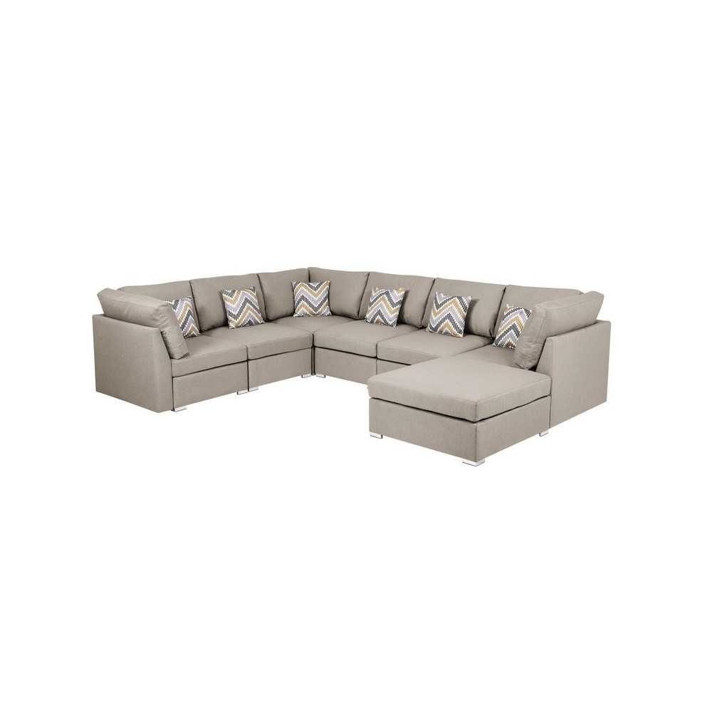 Amira Beige Fabric Reversible Modular Sectional Sofa with Ottoman and Pillows, 89820-7A