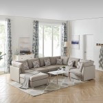 Amira Beige Fabric Reversible Modular Sectional Sofa with Ottoman and Pillows, 89820-7A