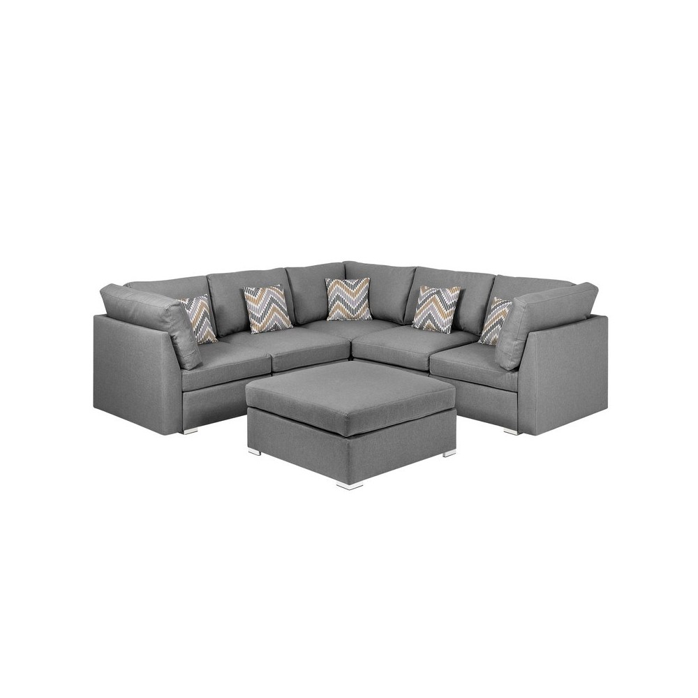 Amira Gray Fabric Reversible Sectional Sofa with Ottoman and Pillows