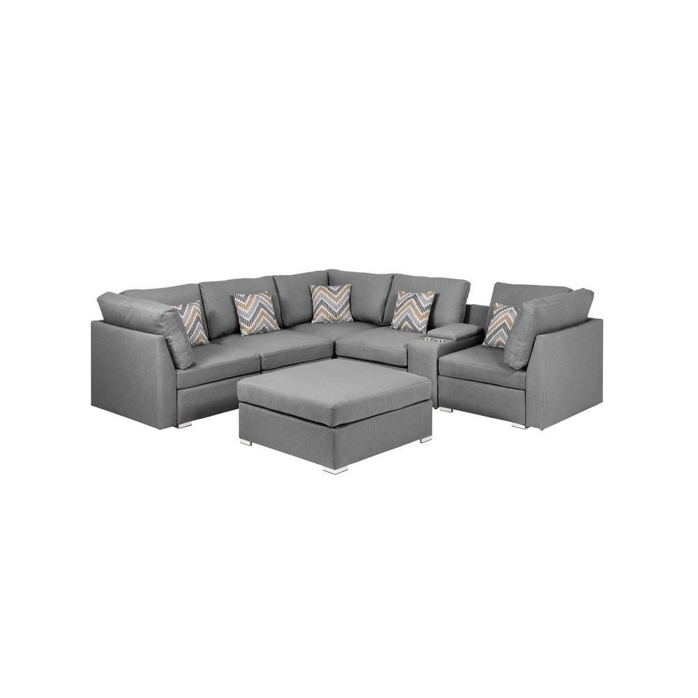 Amira Gray Fabric Reversible Sectional Sofa with USB Console and Ottoman Amira Gray Fabric Reversible Sectional Sofa with USB Console and Ottoman