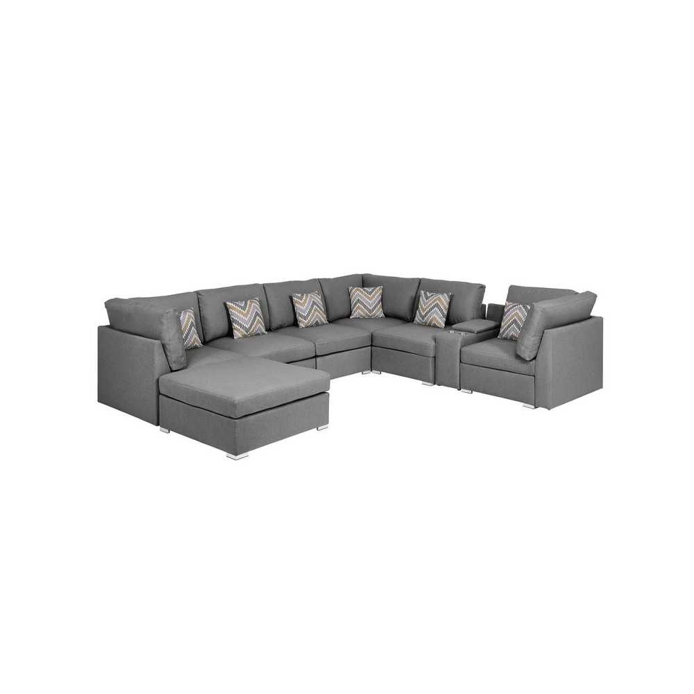 Amira Gray Fabric Reversible Modular Sectional Sofa with USB Console and Ottoman, 105.5x122.8