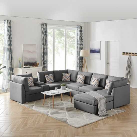 Amira Gray Fabric Reversible Modular Sectional Sofa with USB Console and Ottoman, 105.5x122.8