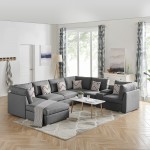 Amira Gray Fabric Reversible Modular Sectional Sofa with USB Console and Ottoman, 105.5x122.8