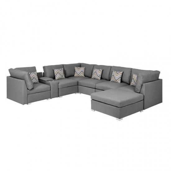 Amira Gray Fabric Reversible Modular Sectional Sofa with USB Console and Ottoman, 105.5x122.8