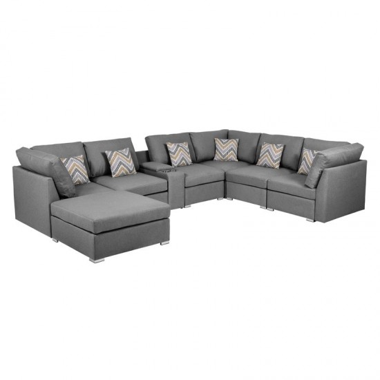 Amira Gray Fabric Reversible Modular Sectional Sofa with USB Console and Ottoman, 89825-6A