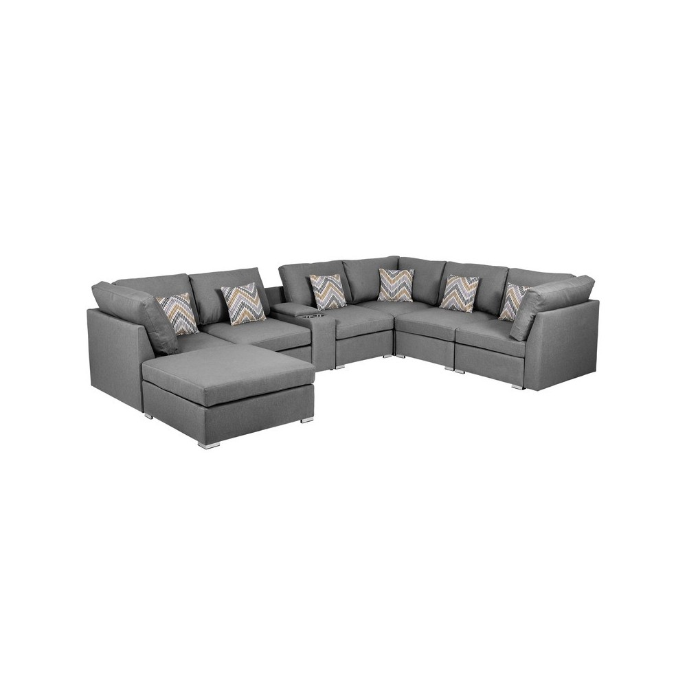 Amira Gray Fabric Reversible Modular Sectional Sofa with USB Console and Ottoman, 89825-6A