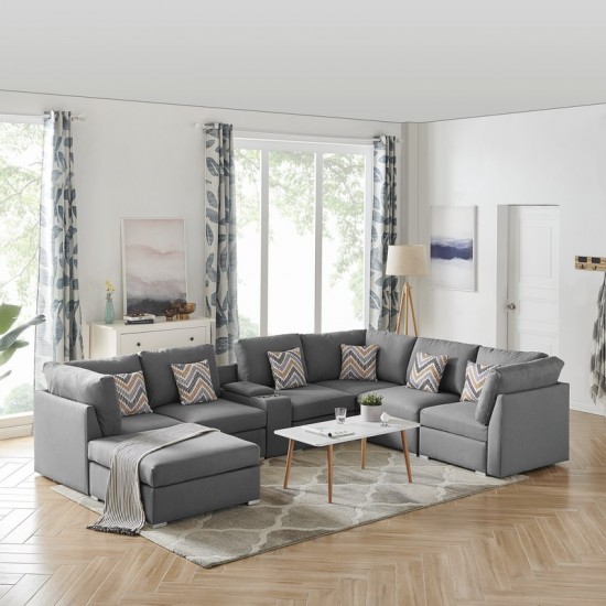Amira Gray Fabric Reversible Modular Sectional Sofa with USB Console and Ottoman, 89825-6A