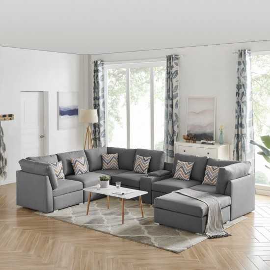 Amira Gray Fabric Reversible Modular Sectional Sofa with USB Console and Ottoman, 89825-6A