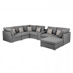 Amira Gray Fabric Reversible Modular Sectional Sofa with USB Console and Ottoman, 89825-6A