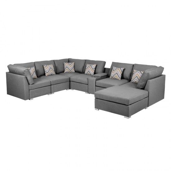 Amira Gray Fabric Reversible Modular Sectional Sofa with USB Console and Ottoman, 89825-6A