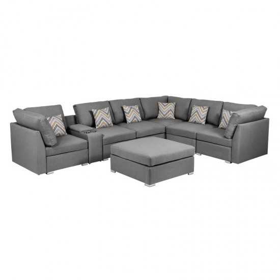 Amira Gray Fabric Reversible Modular Sectional Sofa with USB Console and Ottoman, 89825-6B