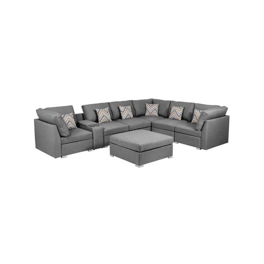 Amira Gray Fabric Reversible Modular Sectional Sofa with USB Console and Ottoman, 89825-6B