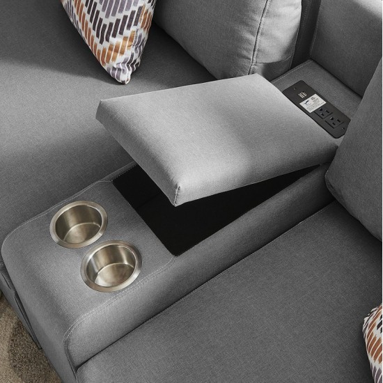 Amira Gray Fabric Reversible Modular Sectional Sofa with USB Console and Ottoman, 89825-6B