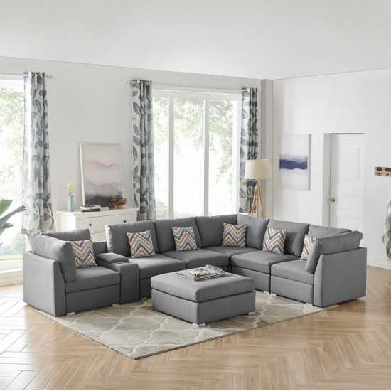 Amira Gray Fabric Reversible Modular Sectional Sofa with USB Console and Ottoman, 89825-6B