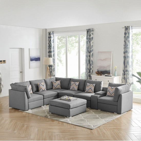 Amira Gray Fabric Reversible Modular Sectional Sofa with USB Console and Ottoman, 89825-6B