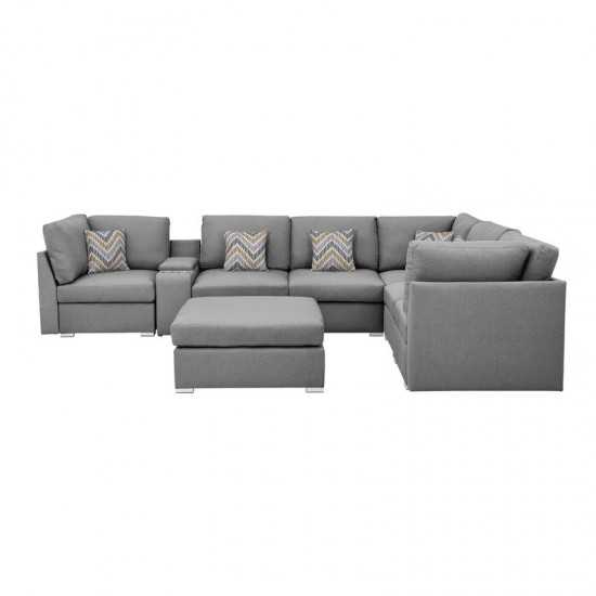 Amira Gray Fabric Reversible Modular Sectional Sofa with USB Console and Ottoman, 89825-6B