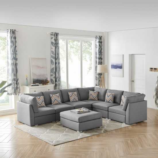 Amira Gray Fabric Reversible Modular Sectional Sofa with Ottoman and Pillows, 89825-7