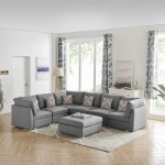 Amira Gray Fabric Reversible Modular Sectional Sofa with Ottoman and Pillows, 89825-7