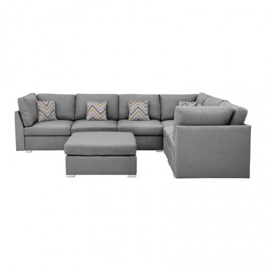 Amira Gray Fabric Reversible Modular Sectional Sofa with Ottoman and Pillows, 89825-7