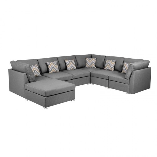 Amira Gray Fabric Reversible Modular Sectional Sofa with Ottoman and Pillows, 89825-7A