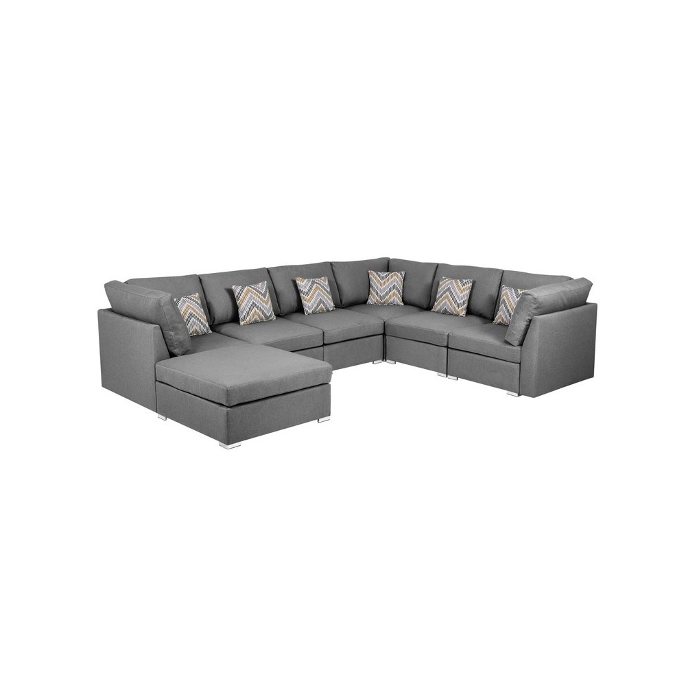 Amira Gray Fabric Reversible Modular Sectional Sofa with Ottoman and Pillows, 89825-7A