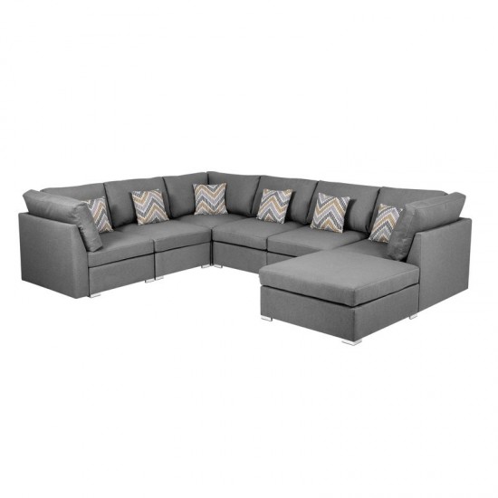 Amira Gray Fabric Reversible Modular Sectional Sofa with Ottoman and Pillows, 89825-7A