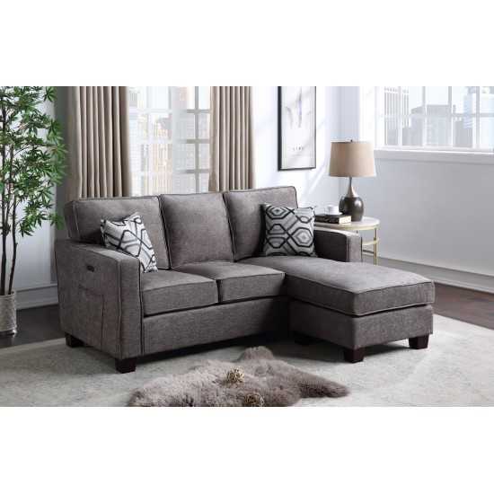 Isaac Gray Linen Fabric Sectional Sofa Chaise with USB port