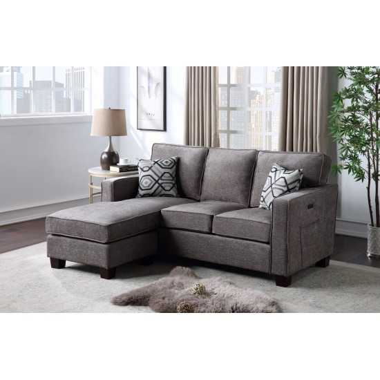 Isaac Gray Linen Fabric Sectional Sofa Chaise with USB port