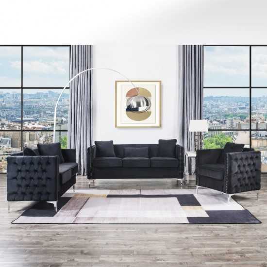 Bayberry Black Velvet Sofa with 3 Pillows