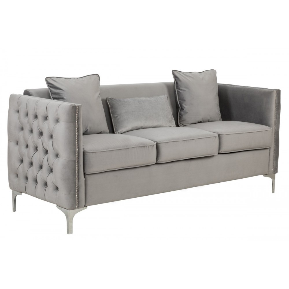 Bayberry Gray Velvet Sofa with 3 Pillows