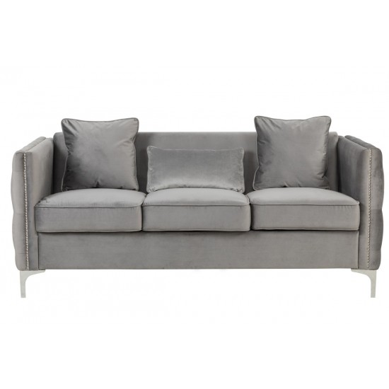 Bayberry Gray Velvet Sofa with 3 Pillows