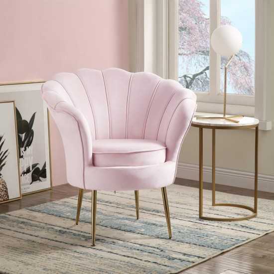 Angelina Pink Velvet Scalloped Back Barrel Accent Chair with Metal Legs