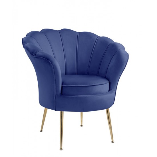 Angelina Blue Velvet Scalloped Back Barrel Accent Chair with Metal Legs