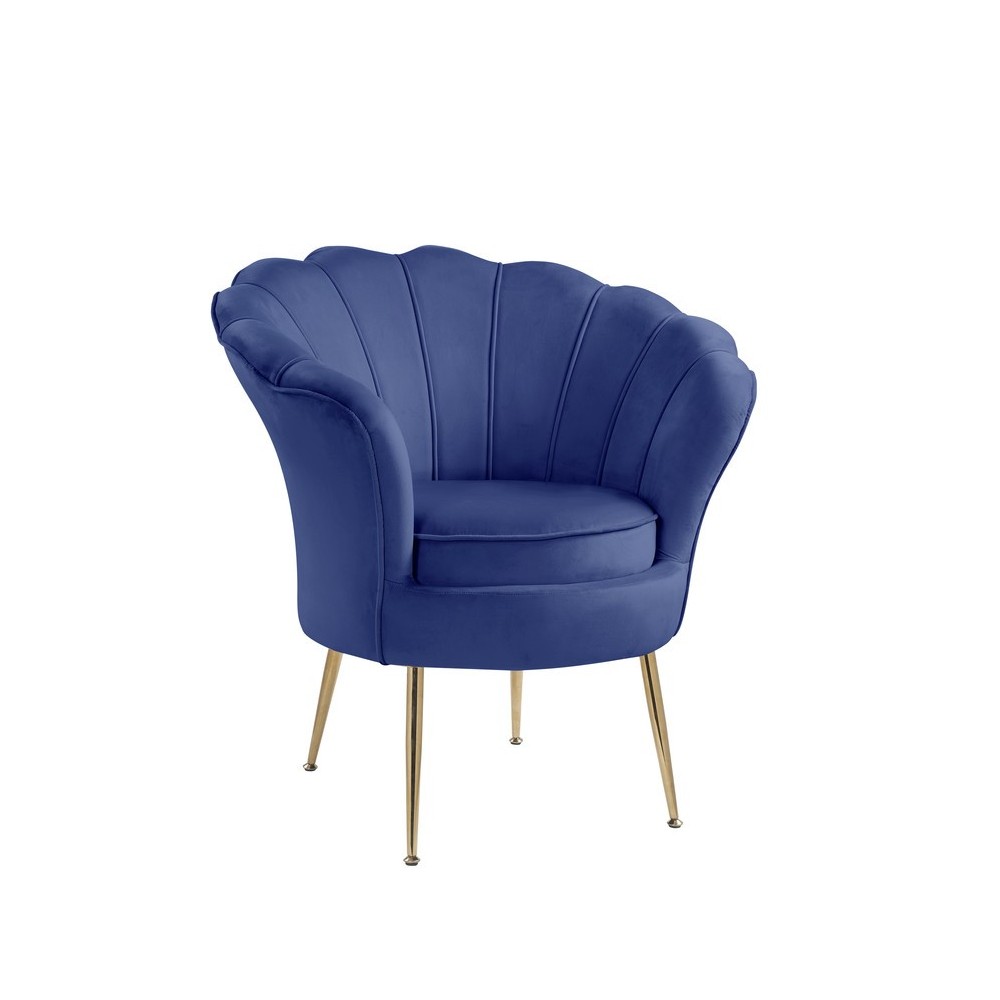 Angelina Blue Velvet Scalloped Back Barrel Accent Chair with Metal Legs