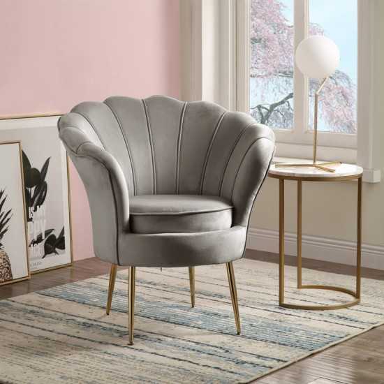 Angelina Gray Velvet Scalloped Back Barrel Accent Chair with Metal Legs