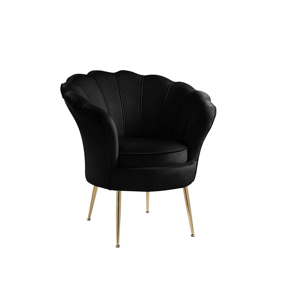 Angelina Black Velvet Scalloped Back Barrel Accent Chair with Metal Legs